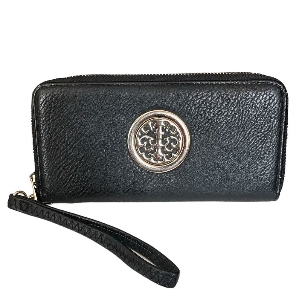 Gold Emblem Black Vegan Leather Double Zip Around Wristlet Wallet Clutch
